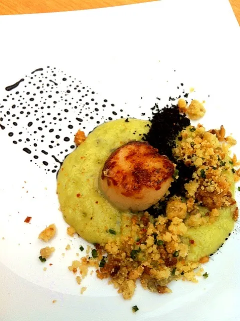 Seared Scallop and Dill Vichysoisse, Barley and Squid Ink Crumble|tiffany chendrainyさん