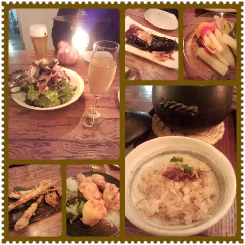 Snapdishの料理写真:salad、pickles、fried eggplant & bordock 、friedchicken、pilaf of firefly squid & ginger|Rogerinaさん