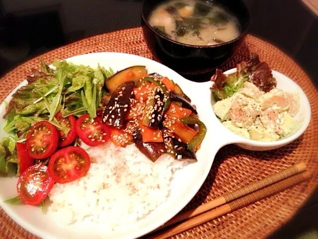 麻婆ナス&海老アボカドのわさびマヨ和え定食♪|Nonさん