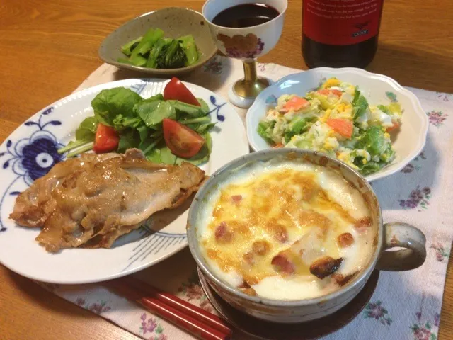 たけのこグラタン  生姜焼き   たっぷり野菜のポテトサラダ  小松菜ピーナッツあえ|家飲みさん