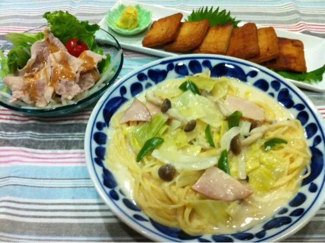 クリームスープスパゲティ・網焼きさつま揚げ・豚冷しゃぶサラダ|まーままさん