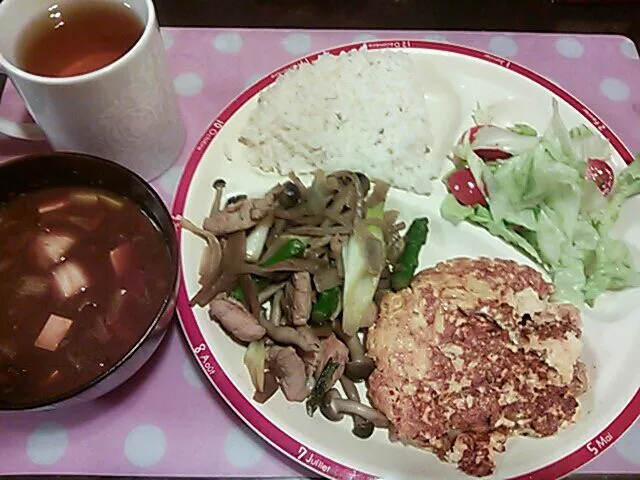 鶏肉こんにゃくゴボウ炒め&キムチ卵焼き&なめこ味噌汁&サラダ&ご飯|クラキティさん