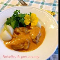 豚ヒレ肉のカレーソース☆ナスタチウムの花とクレソン添え