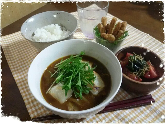 ☆揚げ餅入りカレースープ
☆こぼうのからあげ
☆トマトとわかめとじゃこのサラダ|森田 藍さん