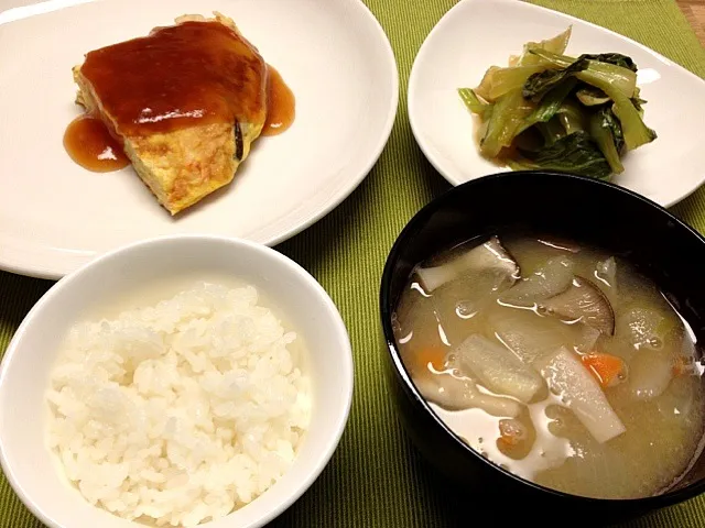 かに玉,青梗菜の中華風煮浸し,根菜味噌汁|マシューさん