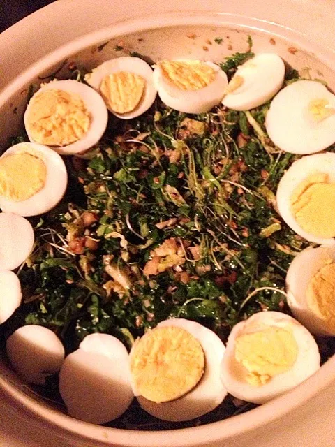 Boiled egg with Himalayan salt over kale, Brussels sprout, walnut, and onion sprout salad with homemade dressing made of  ground flax seed, red chili, lemon, ev|Elise Templetさん