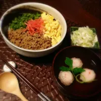 Snapdishの料理写真:三色丼、つみれのお吸い物|Maikoさん