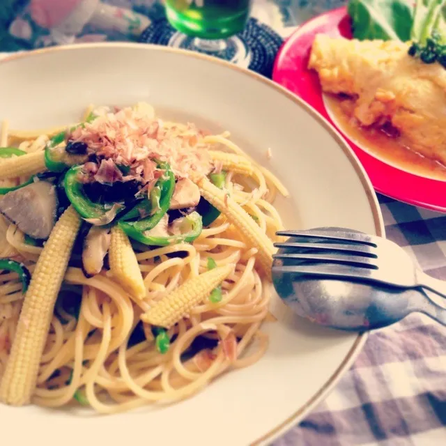 今日のトモコンダテは椎茸とヤングコーンの塩麹パスタ🎵|🇯🇵ともこちゃん。さん