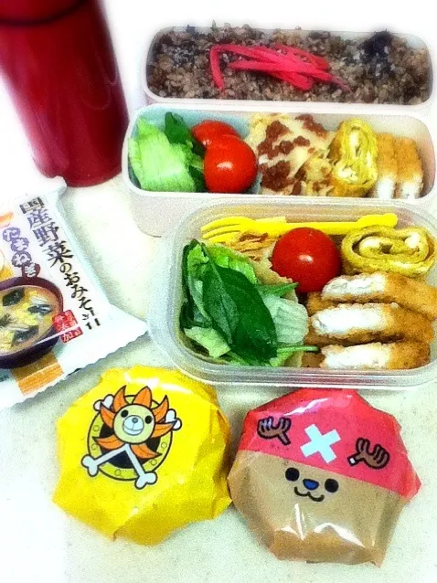 今日のJK&OL弁当。筍姫皮の梅肉和えウマウマ^ ^2008年に漬けた十郎梅使用♪  今日は焼きおにぎりにしてみた。Today's lunch box.  "ONE PIECE＂ wrapping paper of griled rice ball is popular with daughter's high sch|hoppycowさん