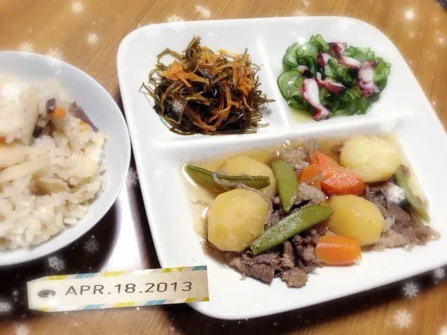 肉じゃが•昆布と人参の煮物•蛸と胡瓜の酢の物•炊き込みご飯|カナエさん