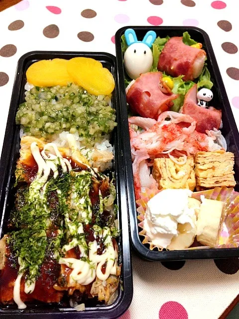 Snapdishの料理写真:中学男子入学祝いカッピーさんの広々お好み焼き弁当！|Takayukiさん