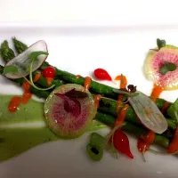 Snapdishの料理写真:asparagus salad with watermelon radish, sweatie peppers and avocado-pea sauce|scott tealさん