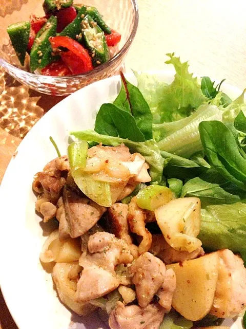 鶏肉とジャガイモのハーブレモン醤油炒め&トマトとオクラの胡麻和え|えりちんさん