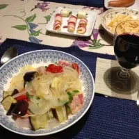 ナス、ピーマン、ベーコンのパスタ|よこたこさん