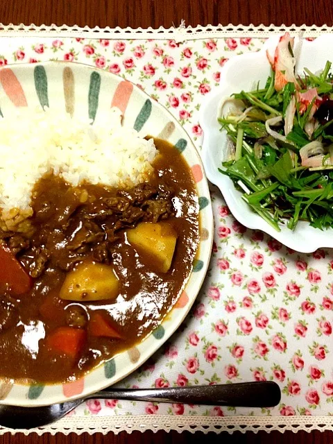 ビーフカレー、水菜と海藻のサラダ|あっこぷーさん