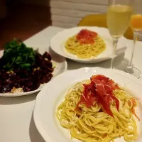 Spaghetti with egg,parmesan ,pecorino,Parma ham and truffle oil|Povii Poさん