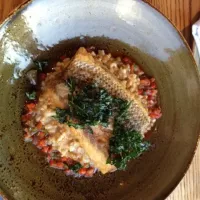 Rockfish with farro risotto and pepperonata.