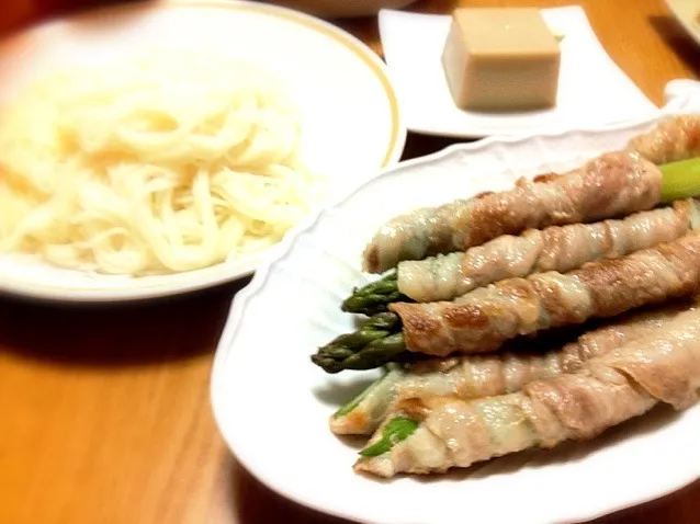 アスパラの肉巻とお素麺|まりこさん