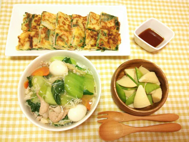 ホタテとチンゲン菜の中華丼♪色々野菜のチヂミ★たけのこの煮物(^-^)|まゆみさん