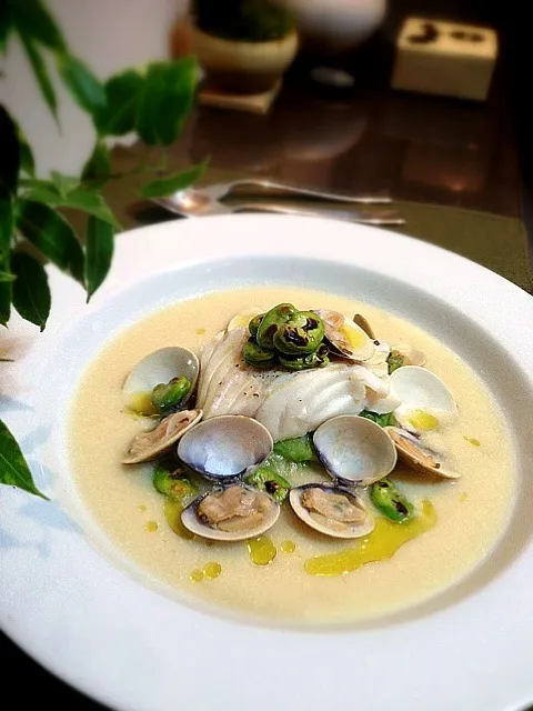 Steamed cod,spring bamboo shoot soup,clams with sake,grilled broad beans,sauté lettuce|rick chanさん