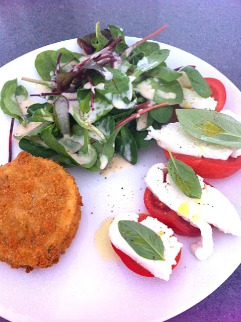 Mozzarella basil and tomato with a veggie burger and salad|🍓Jolejo🍓さん