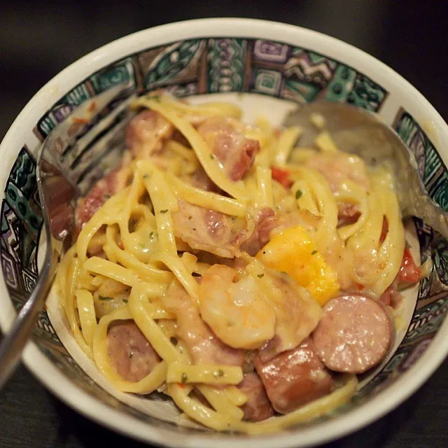 Shrimp Scampi, Sausage, Bacon & Linguine|PoPPaPさん