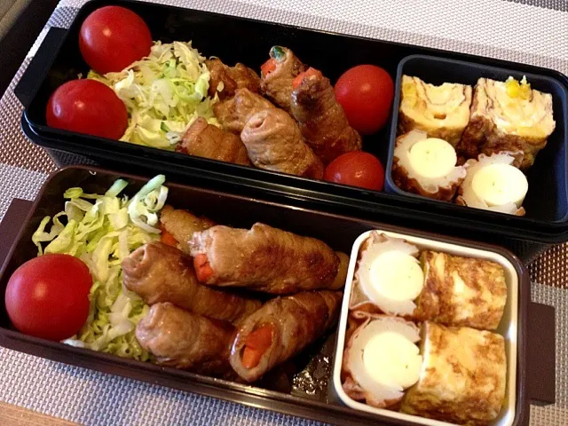 Snapdishの料理写真:お弁当♡人参といんげんの豚肉巻き、コーン入り卵焼き、チーズちくわ、サラダ|ウサコさん