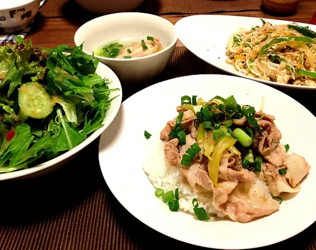 豚丼、焼きビーフン、サラダ(レタス、水菜、胡瓜)、鶏手羽のスープ|サチさん