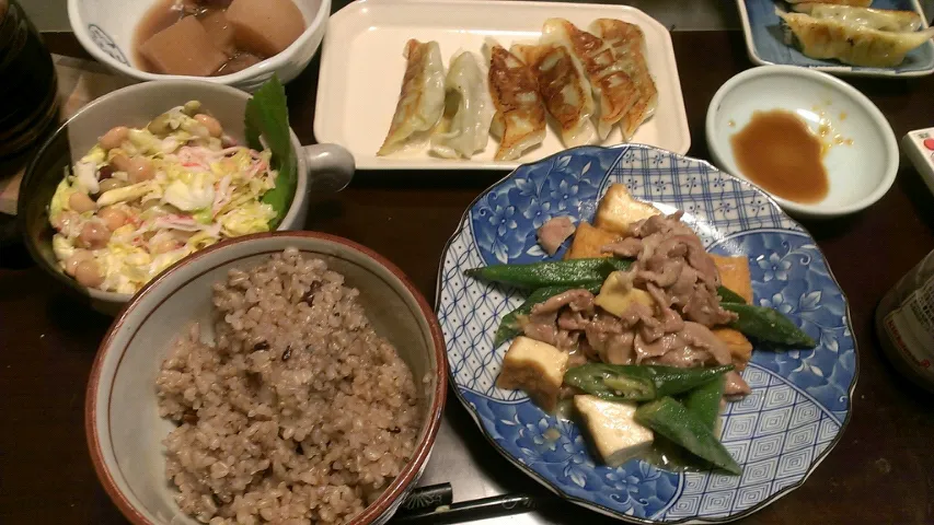 Snapdishの料理写真:餃子&厚揚げと豚肉、オクラの味噌炒め&キャベツと豆のサラダ|まぐろさん