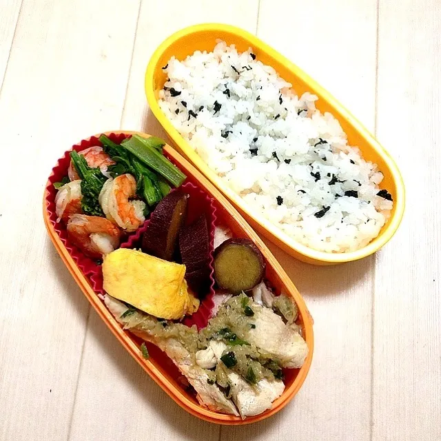 Snapdishの料理写真:今日のお弁当！塩鶏のネギごまソース和え、海老と菜の花の中華炒め、さつまいものレモン煮、卵焼き、ワカメごはんd(^_^o)|mamigoさん