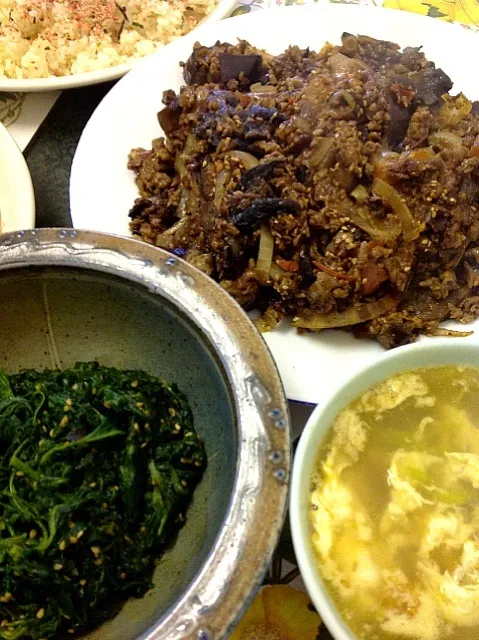 Aubergine & Veg mince oyster sauce, Spinach namul, Chinese egg soup, なすとベジミンチのオイスターソース炒め、 ほうれん草ナムル、 中華卵スープ|ずきみくさん