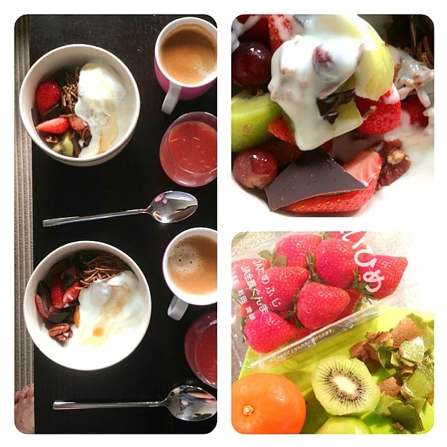 Breakfast with yoghurt fruits nuts chocolate|willzさん