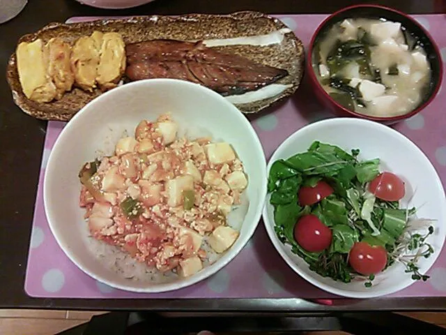 さばのミリン焼き&卵焼き&サラダ&麻婆豆腐丼&味噌汁|クラキティさん