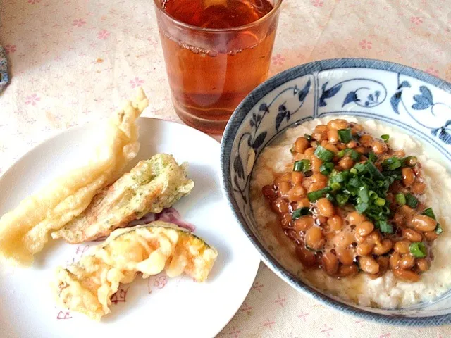 納豆豆腐ご飯と野菜天|mari miyabeさん