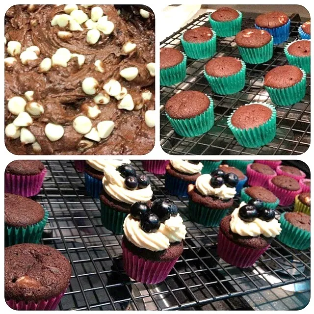 Snapdishの料理写真:Kahlau double chocolate chunk cupcakes topped with fresh blueberries|moonbunnyさん