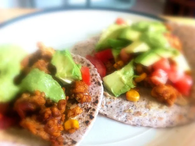 Snapdishの料理写真:Tempeh tacos on blue corn and flax tortillas with pico and avacado|virginia frasseさん