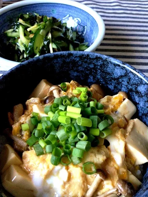 豆腐とシメジの玉子とじ丼、キュウリとワカメとカイワレとショウガの酢の物|カザラさん