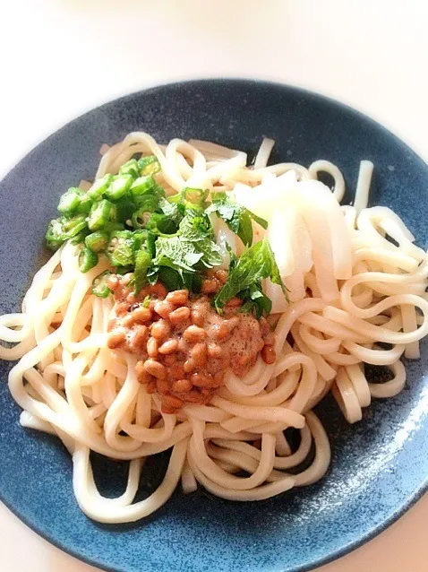 納豆、おくら、イカ、大葉でネバネバころうどん🎵|e☆さん