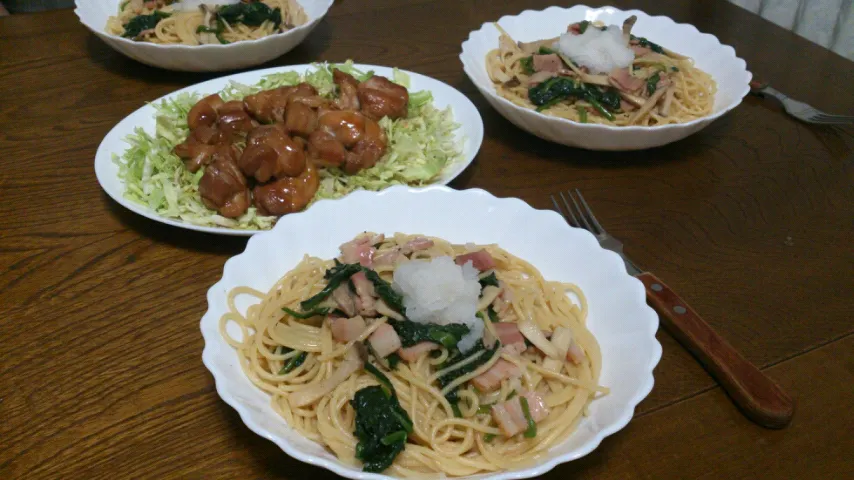 Snapdishの料理写真:和風パスタ&照り焼きチキン|えっちゃんさん