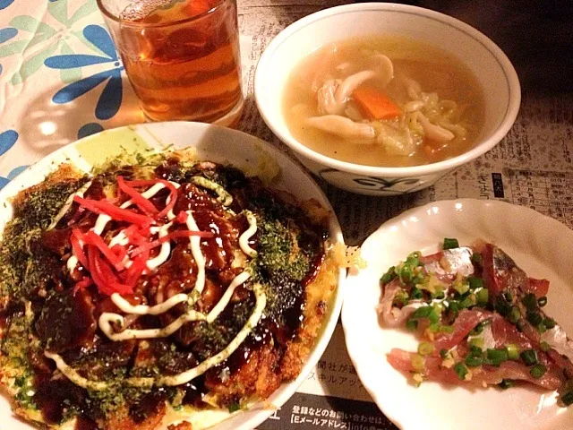 お好み焼きモドキ    柚子胡椒入り野菜スープ   お兄ちゃんの釣ったあじの刺身|mari miyabeさん