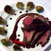 Snapdishの料理写真:tri-tip with mushrooms and onions sauteed in bacon fat and cooked in red wine and goat cheese and brussel sprouts sautéed in bacon fat|Daniel Cordovaさん