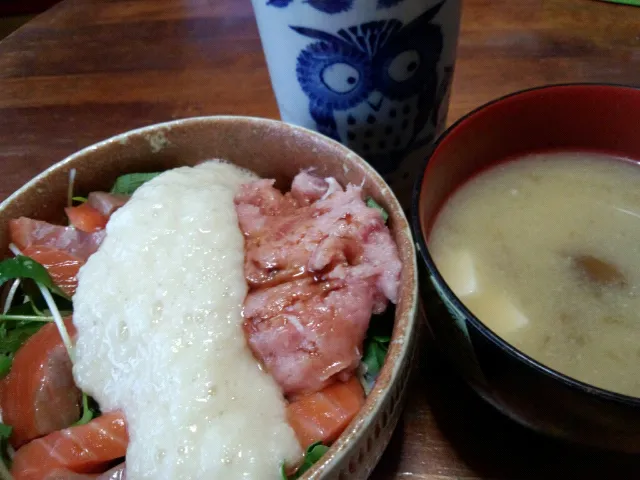 Snapdishの料理写真:サーモン&鮪たたき丼！トロロのせ！|はぎのつきさん