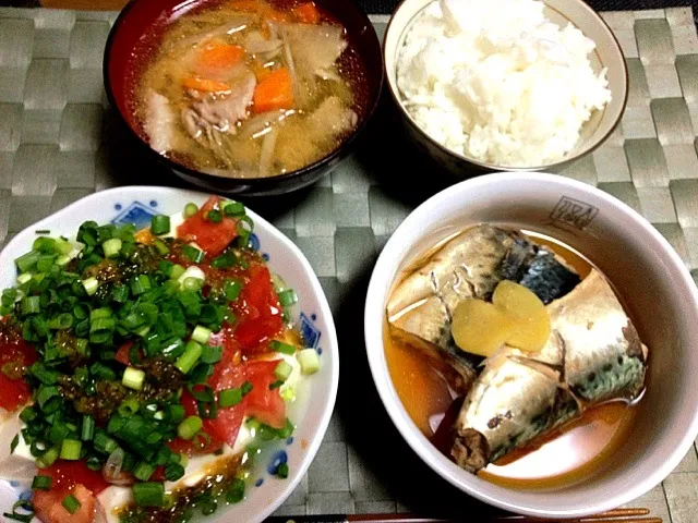 鯖の味噌煮
トマトと葱の冷ややっこ
豚汁
ごはん|こなつさん