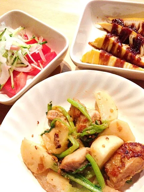 鶏肉と蕪の梅肉炒め&筍の味噌焼き&トマトと新玉のサラダ|えりちんさん