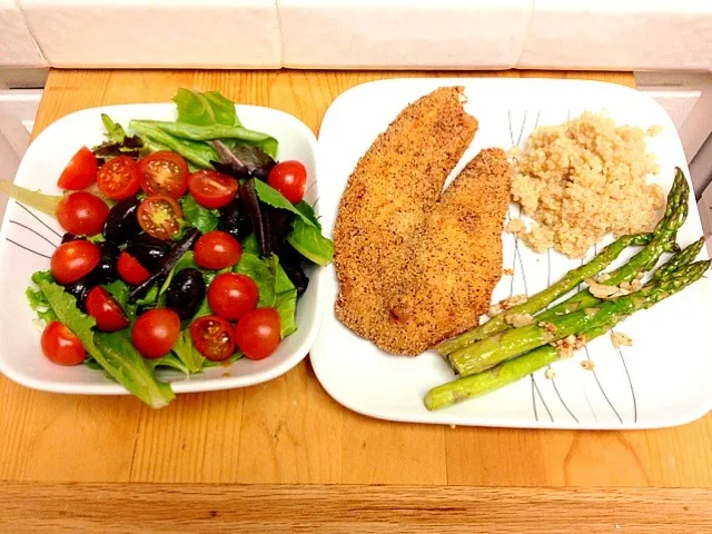 Fried tilapia with roasted asparagus and quinoa.|Yasmeen 🌺さん