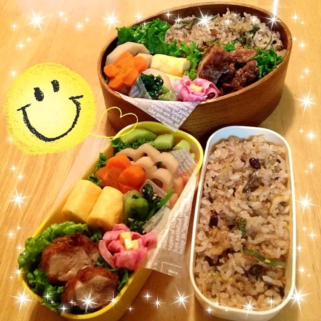 娘と旦那さんお弁当☆十六穀米でわらびの炊込みご飯|さゆさん