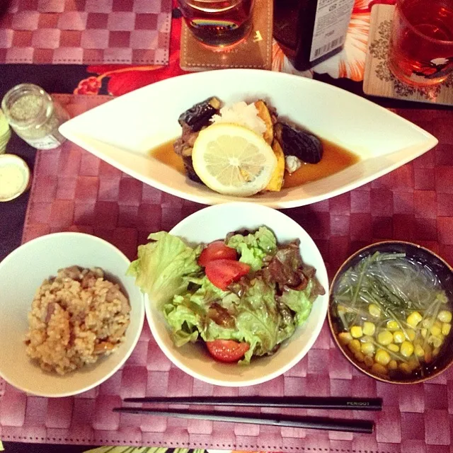 Snapdishの料理写真:煮豚の炊き込み御飯、鶏と野菜のおろしあんかけ、サラダ、春雨すーぷ|SAYAKAさん