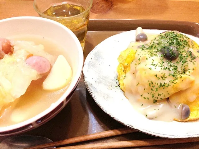 Snapdishの料理写真:野菜ポトフ、ぶなしめじのクリームソースオムライス|ゆか☆さん