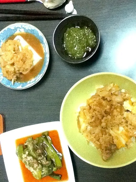 親子丼とピーマン煮浸し|まこさん