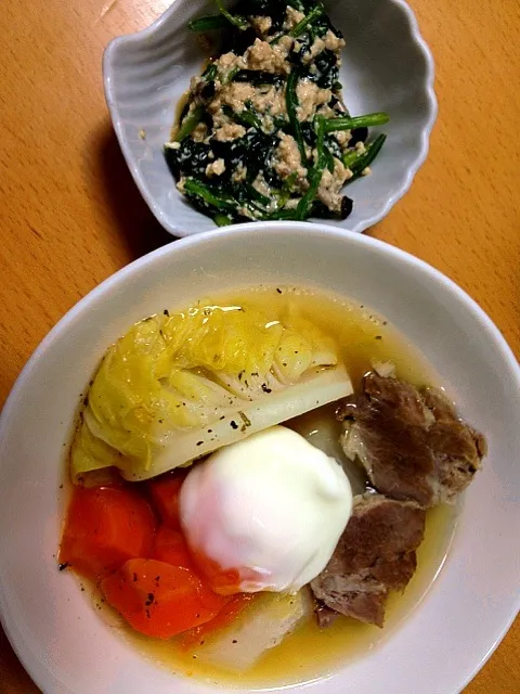 Snapdishの料理写真:温玉のせ塩豚ポトフ ほうれん草の白和え 他 / 漬物(きゅうり、山芋) コロッケ 五穀ご飯|まかろんさん